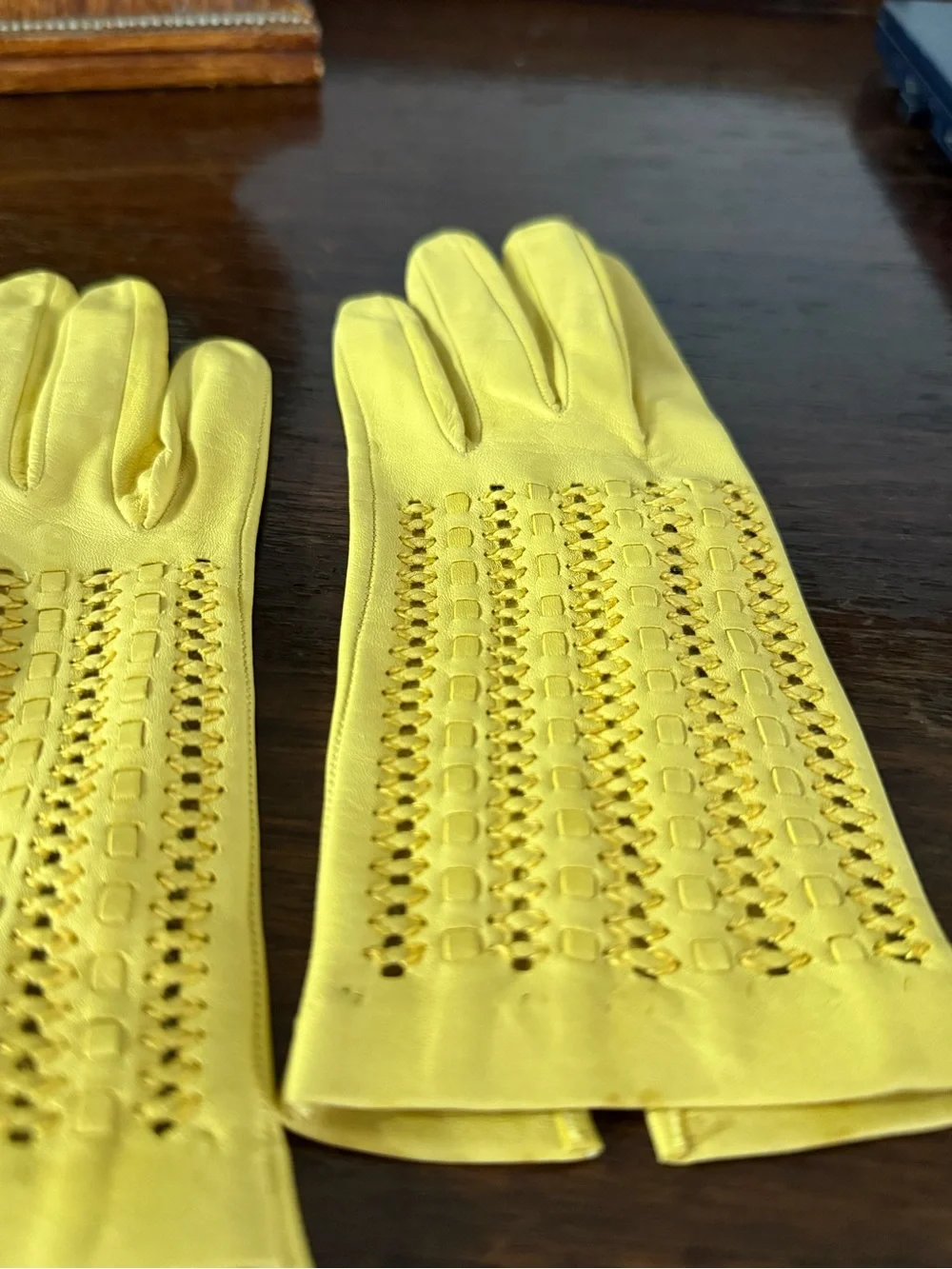 Yellow Leather Gloves with Cutout Detail